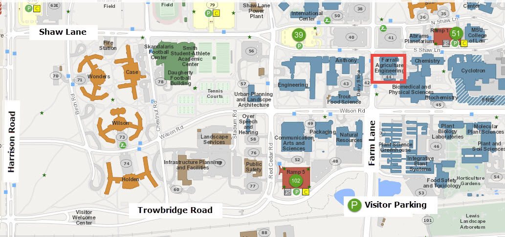 Map of MSU Visitor Parking Lots close to Farrall Hall