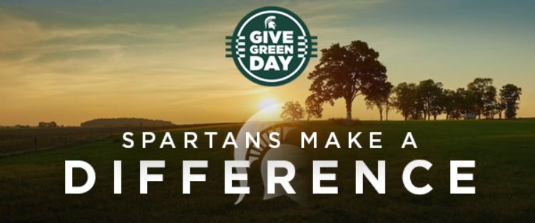 Spartans Make a Difference and Give Green Day logo. Background shows the Spartan tree on an MSU farm at sunset.