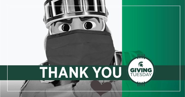 Giving Tuesday button with words: Thank you. Sparty holding a heart in background.