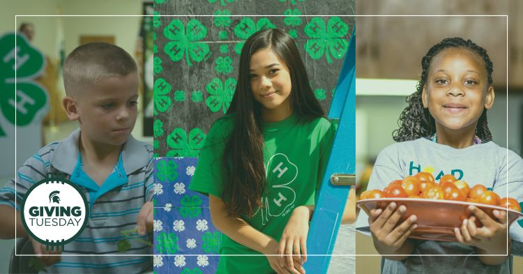 Giving Tuesday icon on image of three 4-H youth