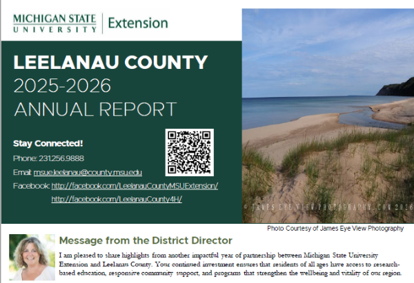 Leelanau county 2025-2026 annual report cover showing a shoreline of Lake Michigan