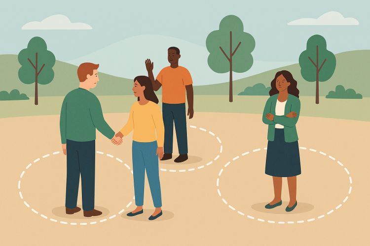 Illustration concept representing the idea of personal boundaries between people: individuals standing outdoors with dashed circles around them, symbolizing their personal space and limits, while interacting respectfully.