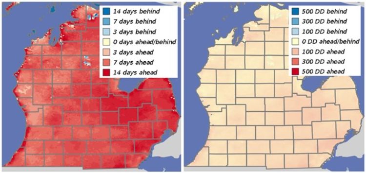 Growing degree day (GDD) base 50 comparison with normal in days (left) and number of GDDs (right).