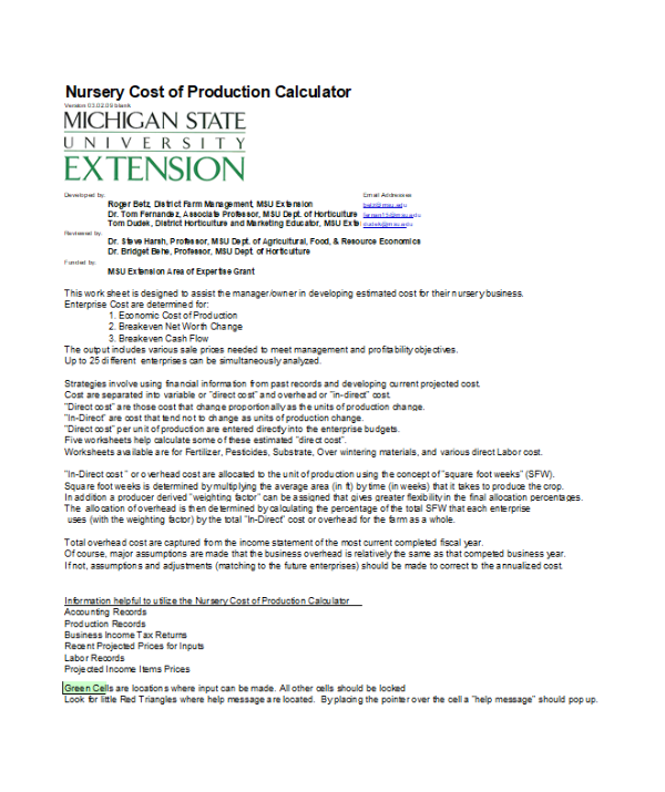 Front page of the Nursery Cost of Production with space for 25 crops spreadsheet