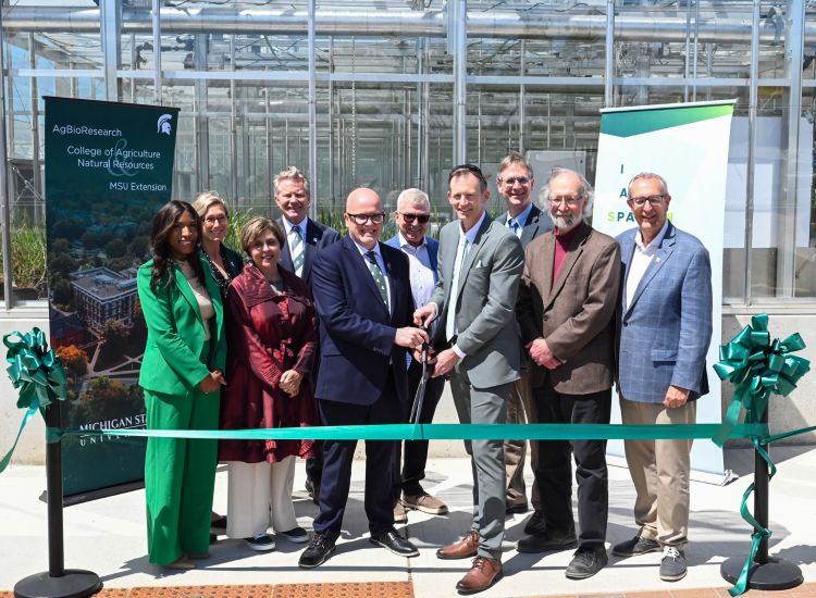 Pictured from left: Brianna T. Scott (MSU Board of Trustees Chairperson); Laura Lee McIntyre (MSU Provost); Rebecca Bahar-Cook (MSU Board of Trustees); Kevin M. Guskiewicz (MSU President); George W. Smith (MSU AgBioResearch Director); Doug Gage (MSU Vice President of Research and Innovation); Matthew Daum (Associate Provost); Eric L Hegg (Dean of MSU College of Natural Sciences); Douglas Buhler (MSU Associate Vice President for Research and Innovation) and Michigan Senator Roger Victory.