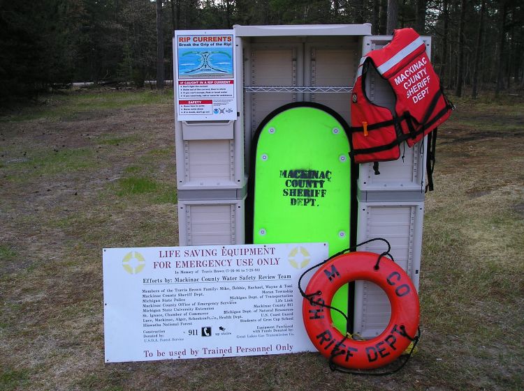 Water rescue safety equipment on beach in northern Lake Michigan. Photo credit: Ron Kinnunen (Michigan Sea Grant)