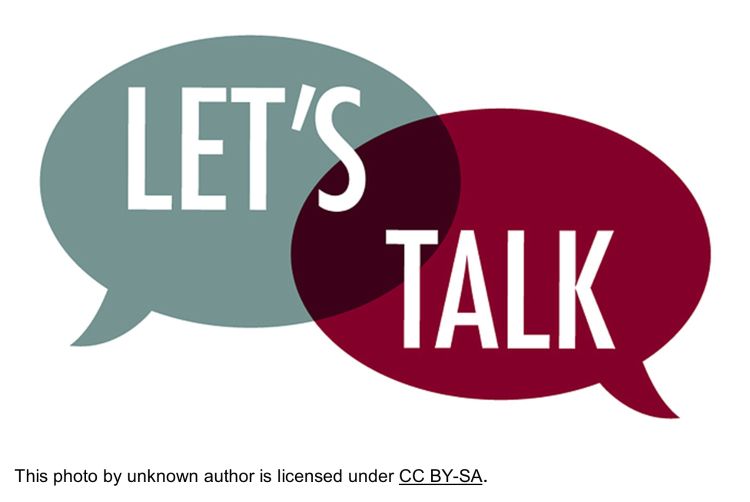 A blue word bubble that says 