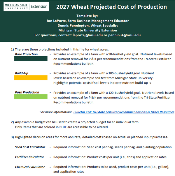 Front page of the 2027 Wheat Projected Cost of Production tool