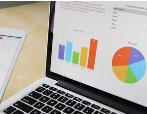 Image of a laptop open to a screen with a bar and a pie chart.
