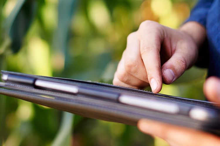 A guy doing work on a tablet.