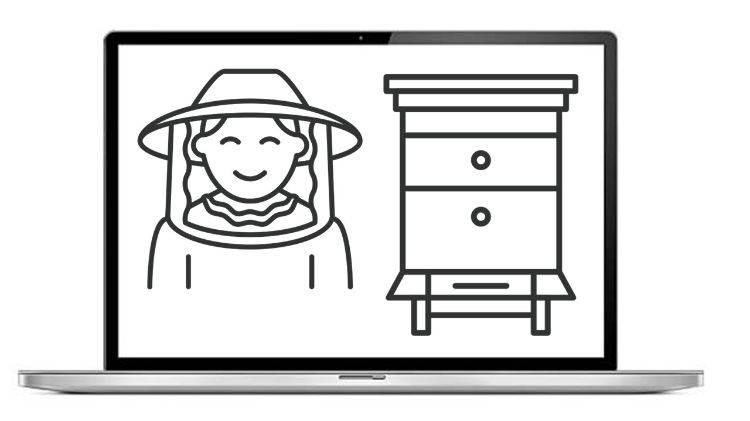 Illustration of a laptop with graphics of a beekeeper and a honey bee hive on the screen.