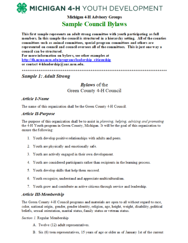 Front page of Sample Council Bylaws document