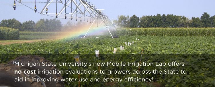 A center pivot irrigation system sprays water over a lush green crop field, creating a visible rainbow under a clear blue sky. White collection cups are spaced across the field for irrigation evaluation. Text overlay reads: “Michigan State University’s new Mobile Irrigation Lab offers no cost irrigation evaluations to growers across the State to aid in improving water use and energy efficiency!”