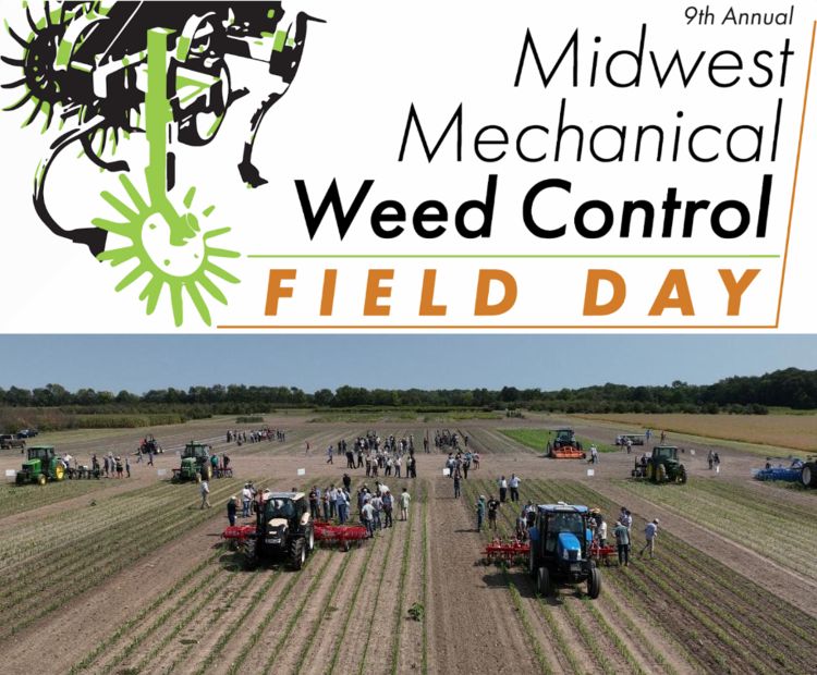 Midwest Mechanical Weed Control Field Day graphic above an aerial view of attendees gathered around tractors and cultivation equipment in crop fields.