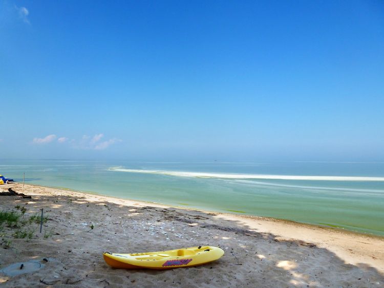 Kayak shown on the beach of Lake Erie. The blue-green water of the lake indicates where an algal bloom is.