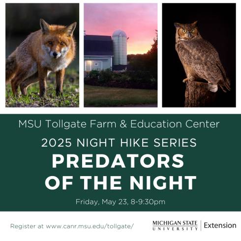 Photos of a red fox, Tollgate Barn at dusk, and an owl above the program title