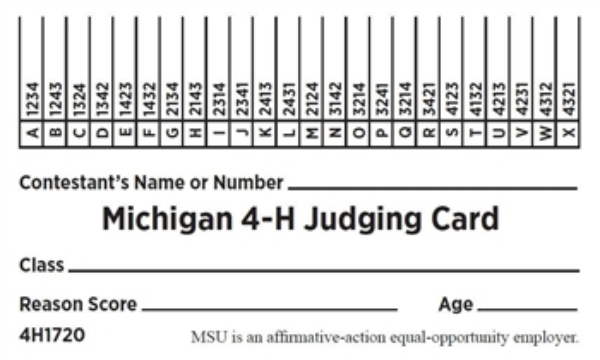 Photo of 4-H judging card.