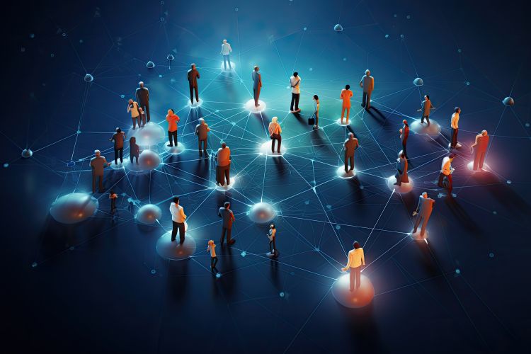 A bunch of people standing on clouds in a dark background.