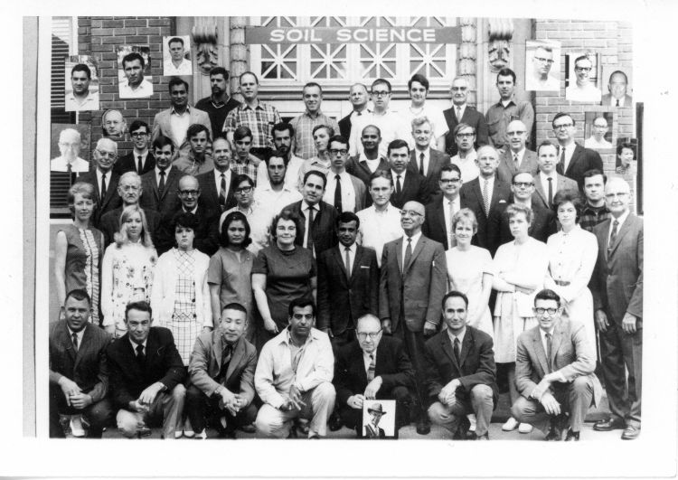 Members of the MSU Soil Science Department gather in front of the Soil Science Building in the fall of 1968.