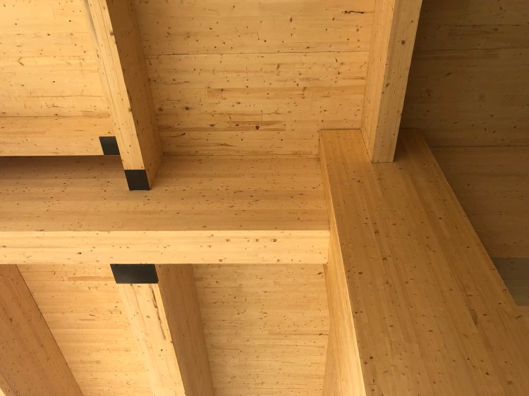 Upward shot of a wooden ceiling.