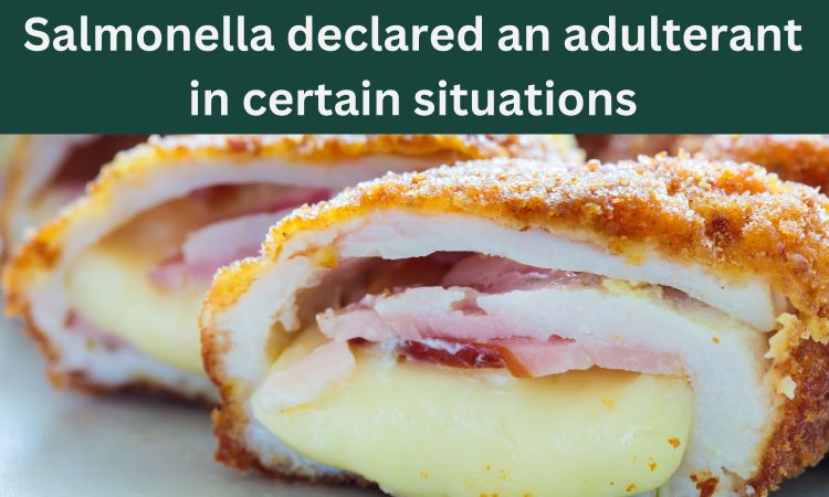 Photo of breaded chicken breast stuffed with ham and cheese. Text reads 