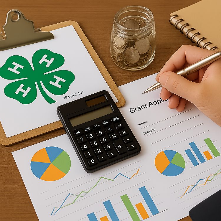 A calculator on top of some graphs and charts. A hand holding a pen and the 4-H clover on a clipboard above.