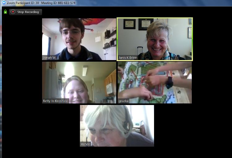 Zoom meeting between MSU Extension educators Janis Brinn and Betty Jo Krosnicki, Michigan 4-H resource leader Renee Applegate, Michigan 4-H teen leader Jonah W., Poland 4-H educator Grazyna Tucholska and Poland teen leaders.