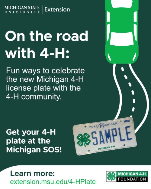 Green graphic with a lime green car driving down a white road. A license plate with the 4-H clover on it. The text 