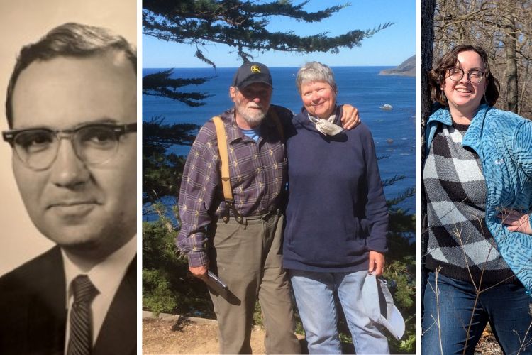 Dr. Bob Marty, Professor of Forest Economics from 1967 -1991 (left),  MSU Forestry alumnus Richard (Dick) Cooper and his late wife Jan Tennant (center) and MSU Forestry undergraduate student Rachel Adams (right).