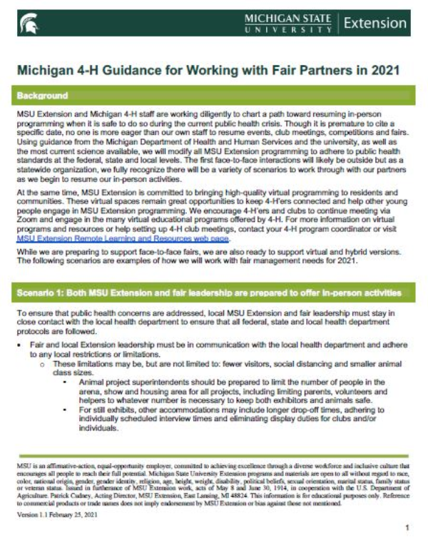 Thumbnail of the Michigan 4-H Guidance for Working with Fair Partners in 2021 document.