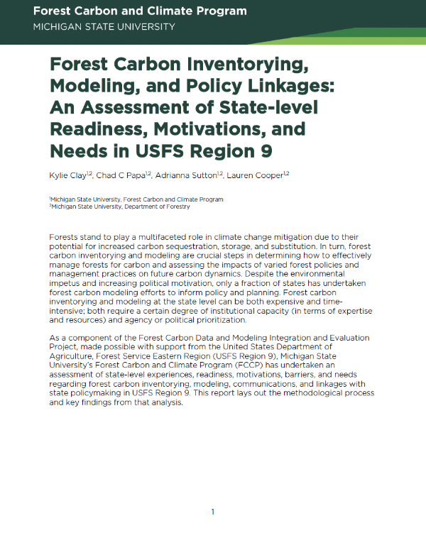 Title cover of the Forest Carbon Inventorying, Modeling, and Policy Linkages: An Assessment of State-level Readiness, Motivations, and Needs in USFS Region 9 report.