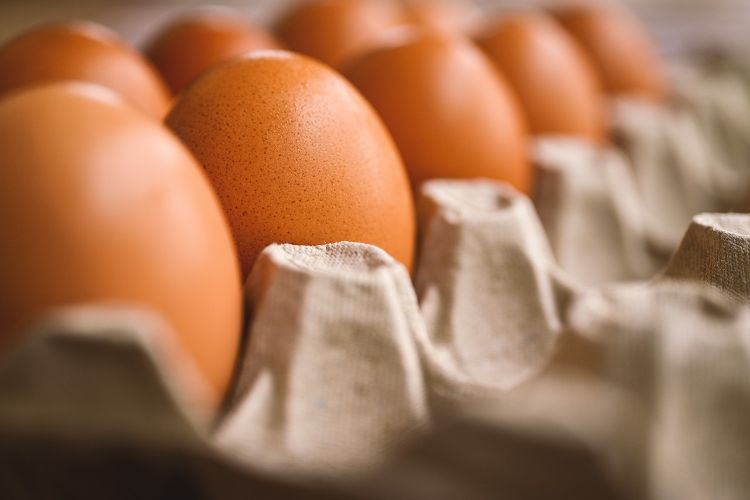 Brown eggs in a brown egg carton.