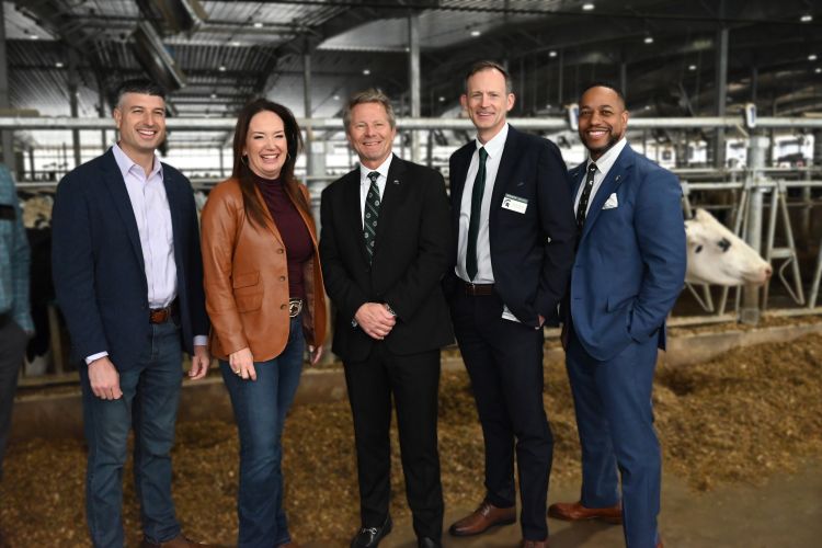 Image of U.S. Secretary of Agriculture Brooke Rollins at the Dairy Cattle Teaching and Research Center with MSU President Kevin Guskiewicz, College of Agriculture and Natural Resources (CANR) Associate Provost Matt Daum and MSU Extension Director Quentin Tyler.