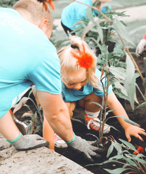 Man and girl planting a flower together