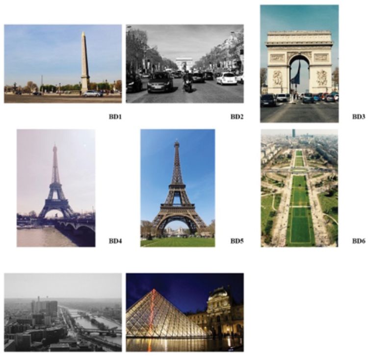 Group of images of monuments and streets in Paris representing photos from a theme that are also diverse content.