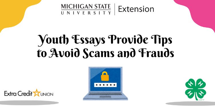 A graphic with a yellow and pink corner. On it are the logos for MSU Extension, Michigan 4-H and Extra Credit Union. A computer with a padlock and the words 