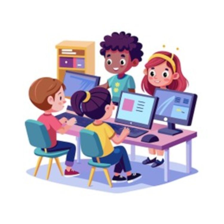 An illustration of diverse kids sitting at a table with computers.