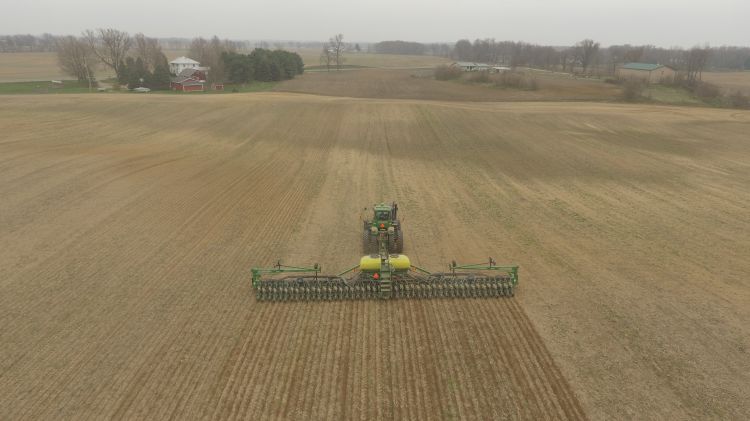 An aerial view of a planter in a field.