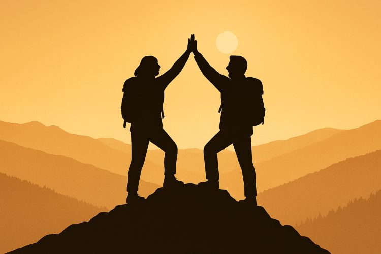 Two silhouetted figures high fiving on top of a hill with a yellow background.