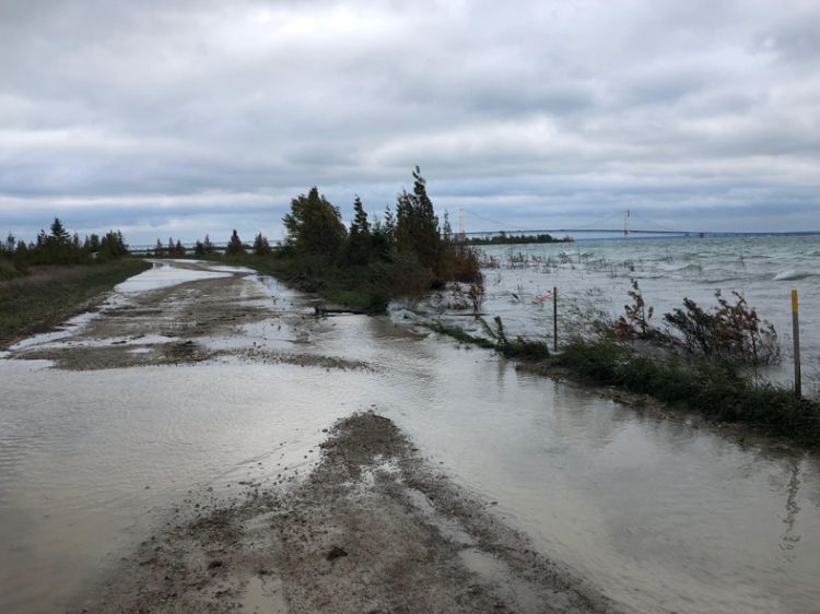 High lake levels flood Boulevard Road along the straits of Mackinac in September 2019.