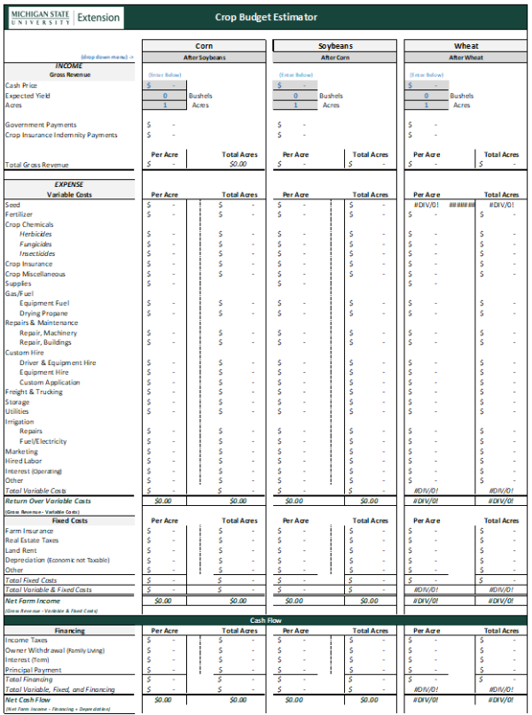 This is the main page of the actual Crop Budget Estimator tool.