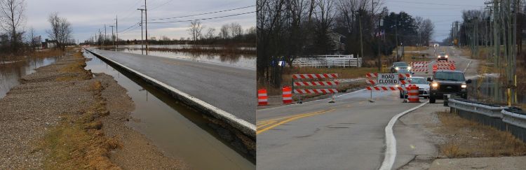 Traffic ignores road closed signs unaware of the undercut road and its potential for collapse.  24 Mile Road near North Ave,  Macomb County, Michigan 2/22/18.   Photo by I Will Shoot You Photography. 