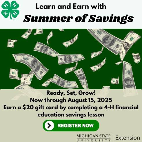 Money falling down a green background with details on the Summer of Savings program along with the 4-H clover