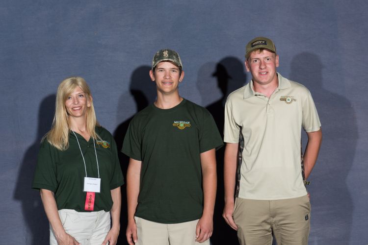 Michigan 4-H team: Coach Brenda Sokel (L), Jackson Sokel – Shotgun (middle), Joe Balkema – Compound Archery (R) Photo credit: Brad Mellema