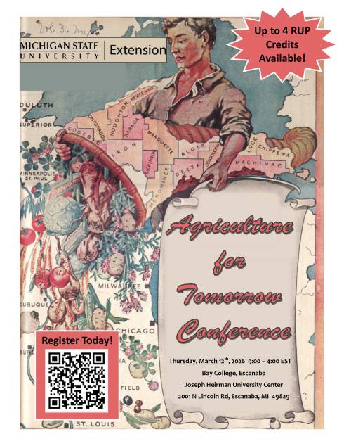 Conference brochure cover page.  Historic image of a man pouring agricultural products from a cornucopia formed from a map of Michigan's Upper Peninsula.