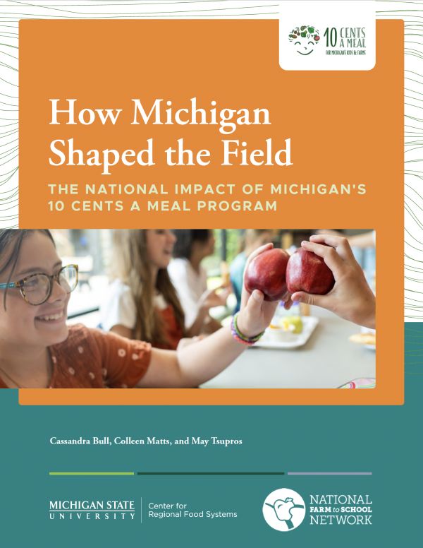 The cover of the report features an image of two students cheersing with apples in a school lunch room.