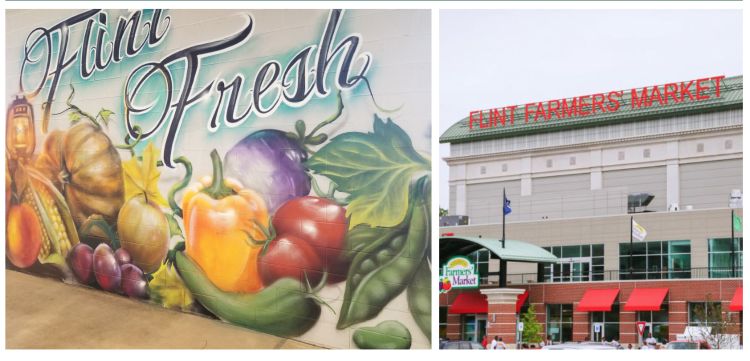 Image of Flint food mural and the Flint Farmers Market.