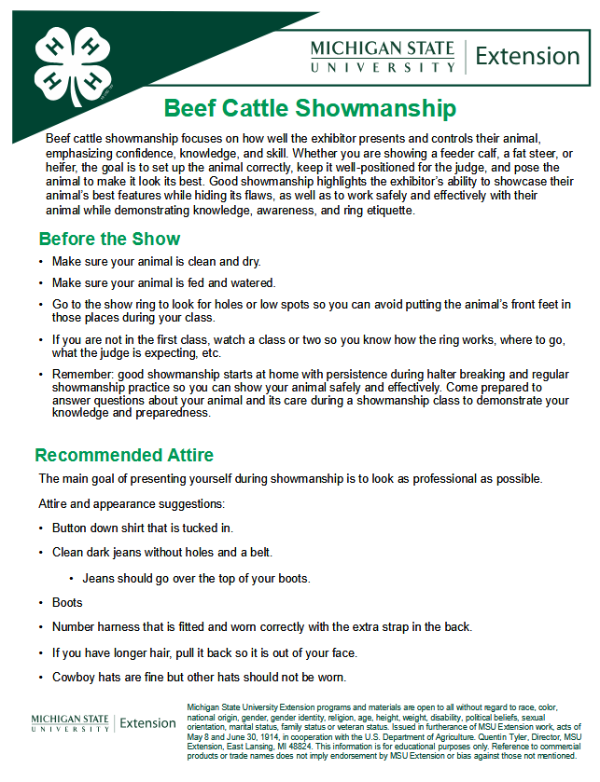 Image of page one of the Beef Cattle Showmanship Guide