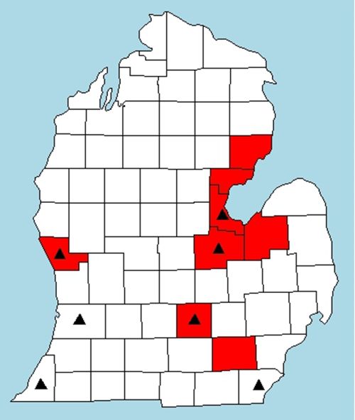 Map of Michigan with Washtenaw, Saginaw, Bay, Tuscola, Iosco, Arenac, Muskegon and Ingham counties highlighted