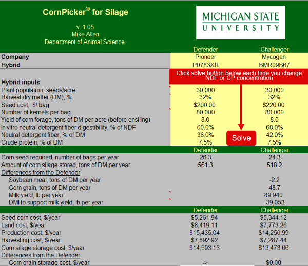 Results page of the corn picker for silage decision tool